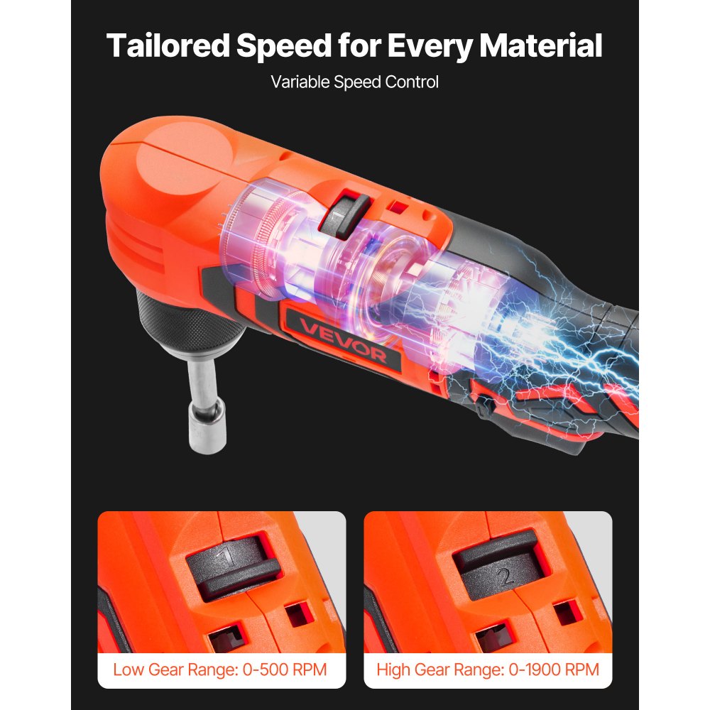 VEVOR Right Angle Drill, 3/8 Inch Chuck, 90 Degree Cordless Right Angle Drill with Brushless Motor, Battery, Charger