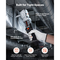 VEVOR Right Angle Drill 1/2 in Square Drive 90 Degree Cordless Angle Drill, For Cabinets, Corners, Frames, Tight