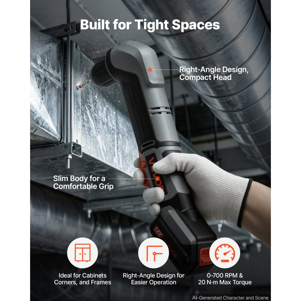 VEVOR Right Angle Drill 3/8 Inch Chuck 90 Degree Cordless Right Angle Drill, For Cabinets, Corners, Frames, Tight