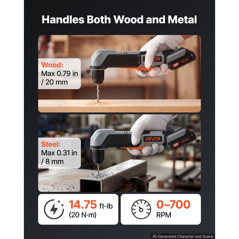 VEVOR Right Angle Drill 3/8 Inch Chuck 90 Degree Cordless Right Angle Drill, For Cabinets, Corners, Frames, Tight