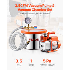 VEVOR 1.5 Gallon Vacuum Chamber and 3.5 CFM Pump Kit, Stainless Steel Chamber, Single Stage Vacuum Pump Degassing