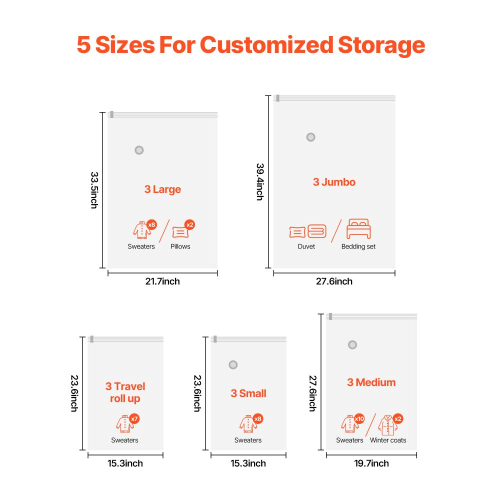 VEVOR Vacuum Storage Bags, 15 Pack Space Saver Seal Bag(3 Jumbo/3 Large/3 Medium/3 Small/3 Roll), Compression Airtight
