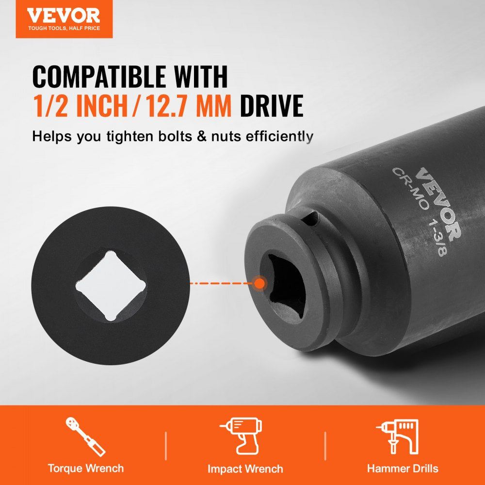 VEVOR Axle Nut Impact Socket Set, 1/2" Drive Deep 12-Point 8-Piece Metric Spindle Nut Socket Set, CR-MO Heat Treated