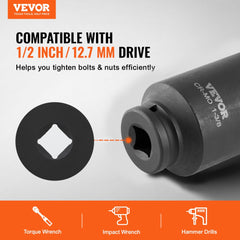 VEVOR Axle Nut Impact Socket Set, 1/2" Drive Deep 12-Point 8-Piece Metric Spindle Nut Socket Set, CR-MO Heat Treated