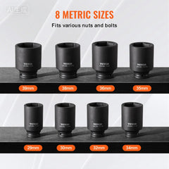 VEVOR Axle Nut Impact Socket Set, 1/2" Drive Deep 12-Point 8-Piece Metric Spindle Nut Socket Set, CR-MO Heat Treated