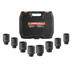 VEVOR Axle Nut Impact Socket Set, 1/2" Drive Deep 12-Point 8-Piece Metric Spindle Nut Socket Set, CR-MO Heat Treated