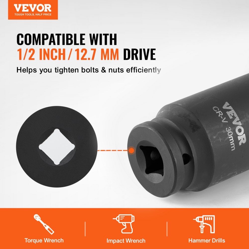 VEVOR Axle Nut Impact Socket Set, 1/2" Drive Deep 6+12-Point 14-Piece Metric Spindle Nut Socket Set, CR-V Heat Treated