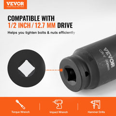 VEVOR Axle Nut Impact Socket Set, 1/2" Drive Deep 6+12-Point 14-Piece Metric Spindle Nut Socket Set, CR-V Heat Treated