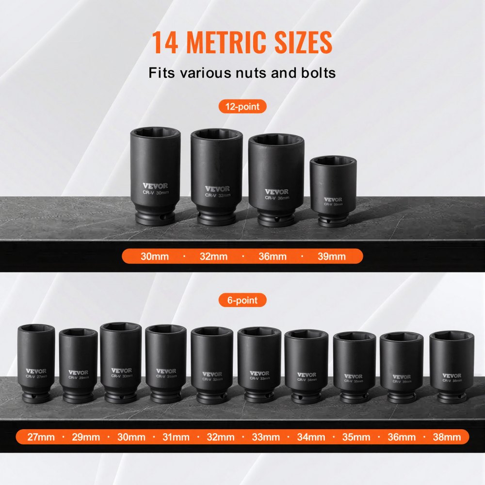 VEVOR Axle Nut Impact Socket Set, 1/2" Drive Deep 6+12-Point 14-Piece Metric Spindle Nut Socket Set, CR-V Heat Treated