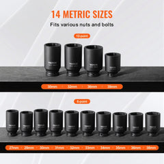 VEVOR Axle Nut Impact Socket Set, 1/2" Drive Deep 6+12-Point 14-Piece Metric Spindle Nut Socket Set, CR-V Heat Treated