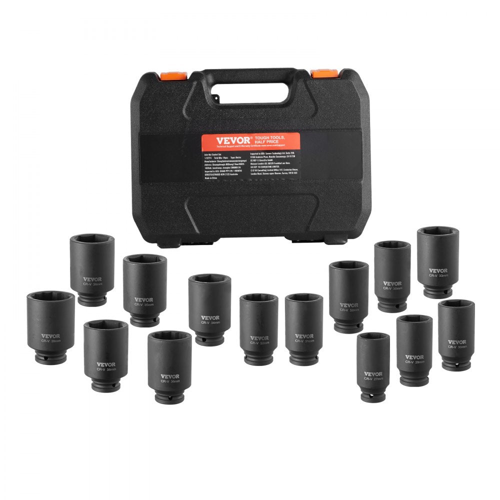 VEVOR Axle Nut Impact Socket Set, 1/2" Drive Deep 6+12-Point 14-Piece Metric Spindle Nut Socket Set, CR-V Heat Treated