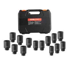 VEVOR Axle Nut Impact Socket Set, 1/2" Drive Deep 6+12-Point 14-Piece Metric Spindle Nut Socket Set, CR-V Heat Treated