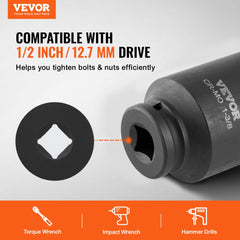 VEVOR Axle Nut Impact Socket Set, 1/2" Drive Deep 6-Point 8-Piece SAE Spindle Nut Socket Set, CR-MO Heat Treated Large