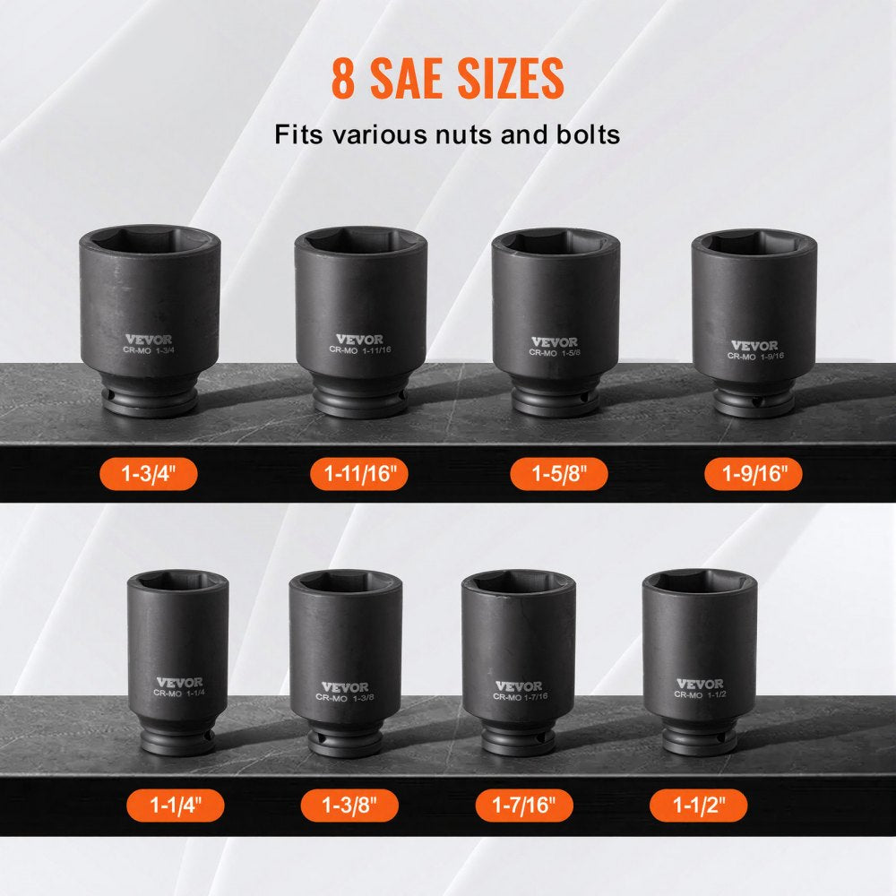 VEVOR Axle Nut Impact Socket Set, 1/2" Drive Deep 6-Point 8-Piece SAE Spindle Nut Socket Set, CR-MO Heat Treated Large