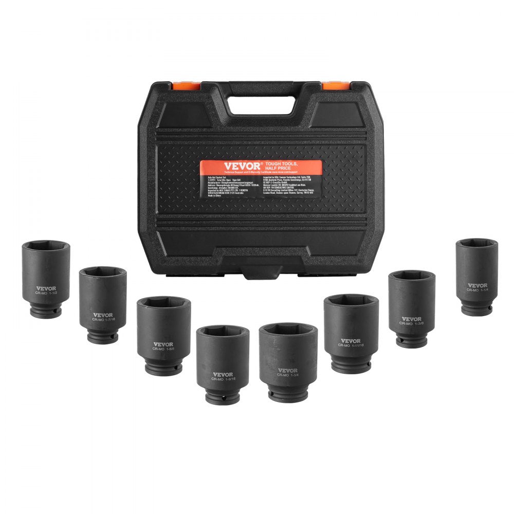 VEVOR Axle Nut Impact Socket Set, 1/2" Drive Deep 6-Point 8-Piece SAE Spindle Nut Socket Set, CR-MO Heat Treated Large