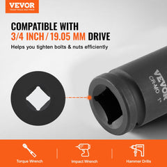VEVOR Axle Nut Impact Socket Set, 3/4" Drive Deep 6-Point 8-Piece SAE Spindle Nut Socket Set, CR-MO Heat Treated Large