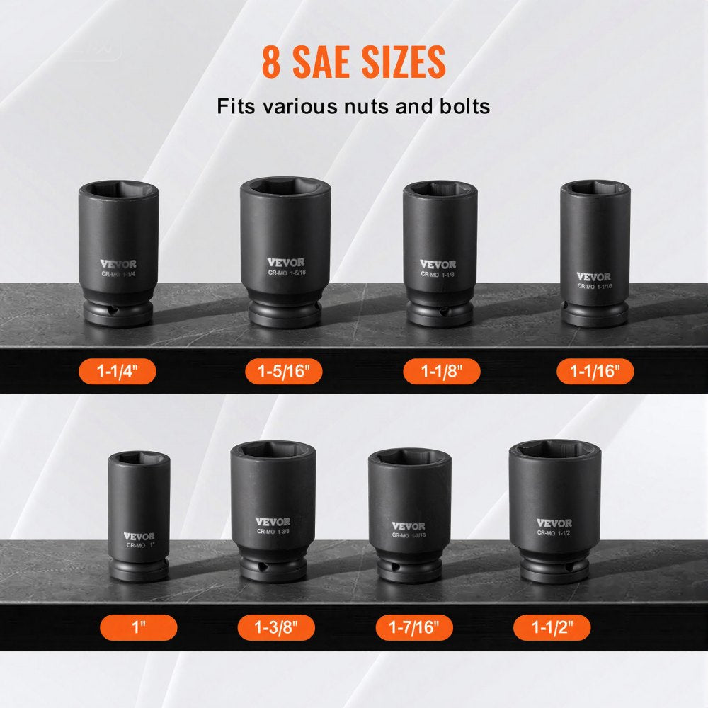 VEVOR Axle Nut Impact Socket Set, 3/4" Drive Deep 6-Point 8-Piece SAE Spindle Nut Socket Set, CR-MO Heat Treated Large