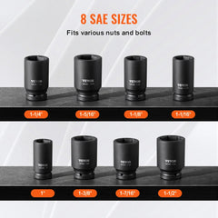 VEVOR Axle Nut Impact Socket Set, 3/4" Drive Deep 6-Point 8-Piece SAE Spindle Nut Socket Set, CR-MO Heat Treated Large