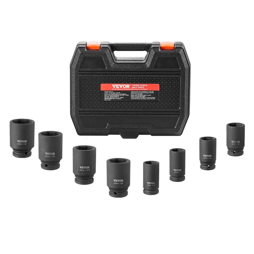 VEVOR Axle Nut Impact Socket Set, 3/4" Drive Deep 6-Point 8-Piece SAE Spindle Nut Socket Set, CR-MO Heat Treated Large