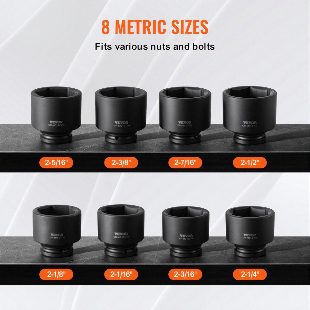 VEVOR Axle Nut Impact Socket Set, 3/4" Drive 6-Point 8-Piece SAE Spindle Nut Socket Set, CR-MO Heat Treated Large