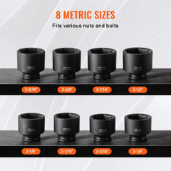 VEVOR Axle Nut Impact Socket Set, 3/4" Drive 6-Point 8-Piece SAE Spindle Nut Socket Set, CR-MO Heat Treated Large