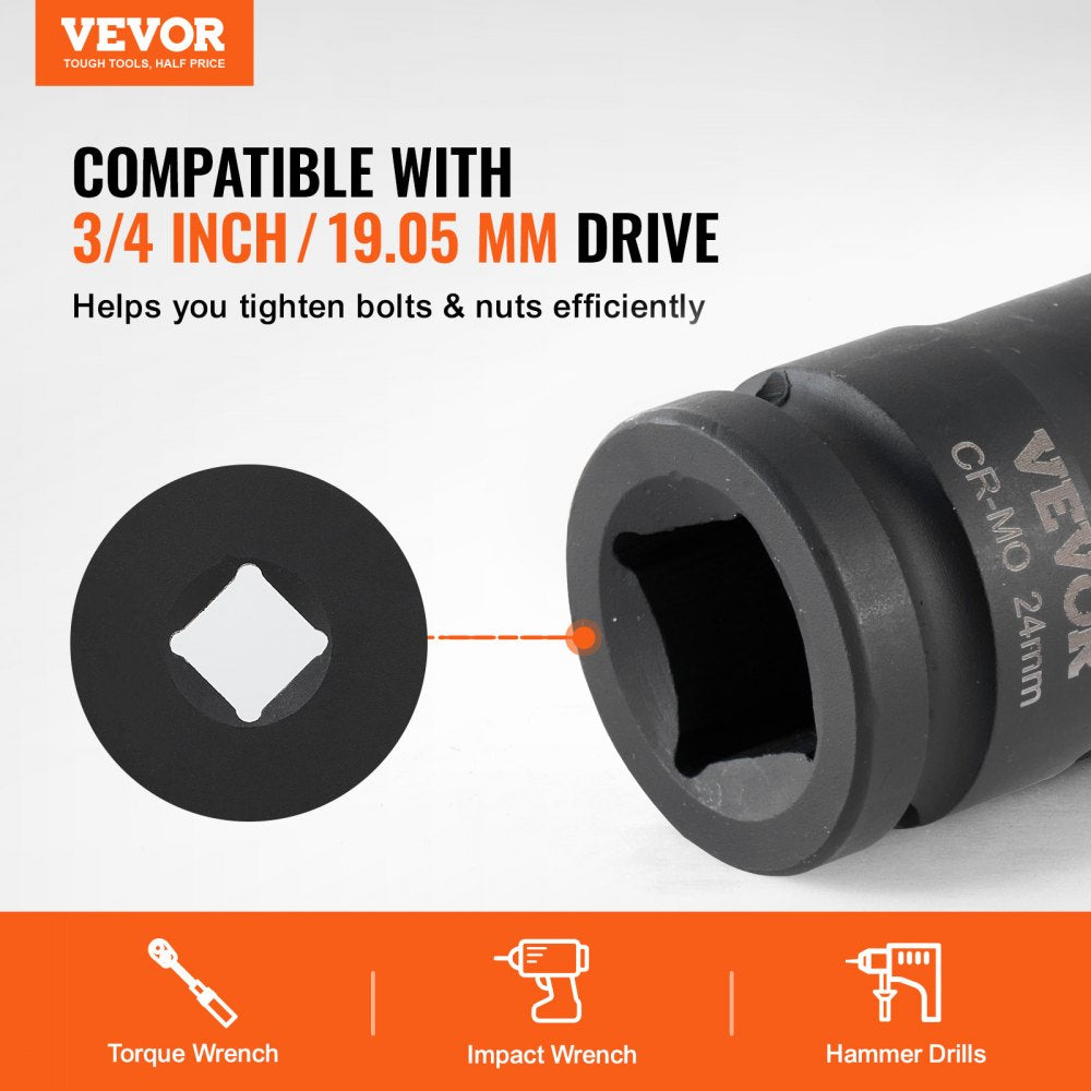 VEVOR Axle Nut Impact Socket Set, 3/4" Drive 6-Point 8-Piece Metric Spindle Nut Socket Set, CR-MO Heat Treated Large