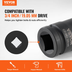 VEVOR Axle Nut Impact Socket Set, 3/4" Drive 6-Point 8-Piece Metric Spindle Nut Socket Set, CR-MO Heat Treated Large