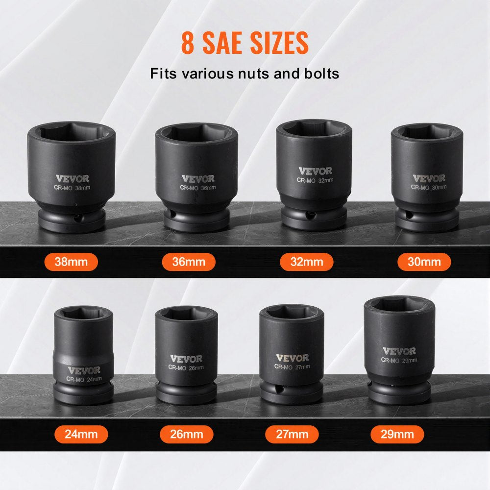 VEVOR Axle Nut Impact Socket Set, 3/4" Drive 6-Point 8-Piece Metric Spindle Nut Socket Set, CR-MO Heat Treated Large