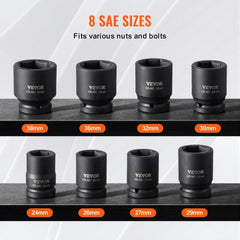 VEVOR Axle Nut Impact Socket Set, 3/4" Drive 6-Point 8-Piece Metric Spindle Nut Socket Set, CR-MO Heat Treated Large