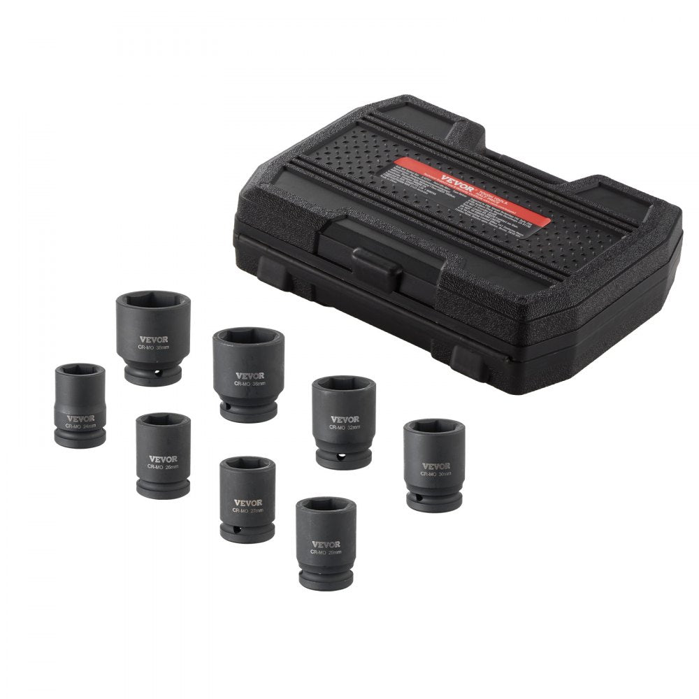 VEVOR Axle Nut Impact Socket Set, 3/4" Drive 6-Point 8-Piece Metric Spindle Nut Socket Set, CR-MO Heat Treated Large