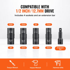 VEVOR Lug Nut Impact Socket Set, 1/2 inch Drive Metric and SAE 6-Point Flip Socket Set, 4 Total Lug Nut Sizes, CR-MO