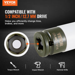 VEVOR Lug Nut Impact Socket Set, 1/2 inch Drive Metric and SAE 6-Point Deep Socket Set, 8 Total Lug Nut Sizes, CR-MO