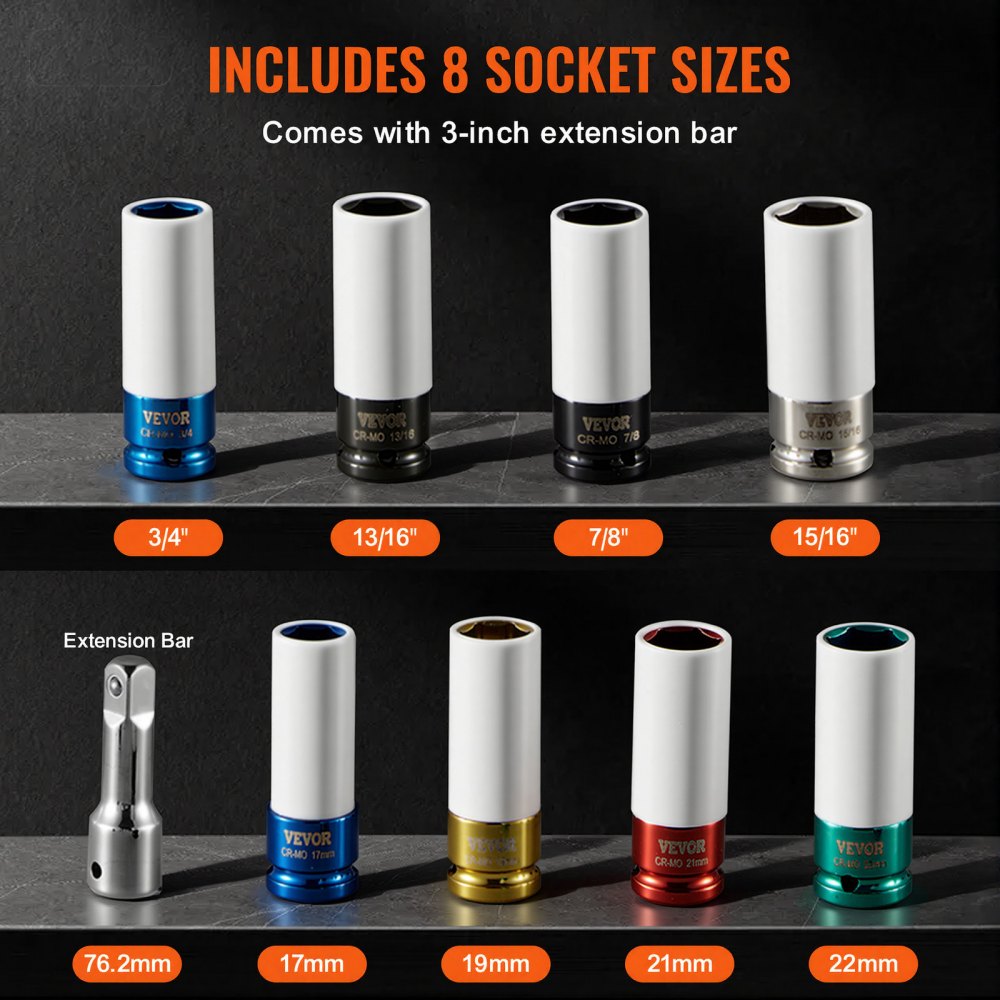 VEVOR Lug Nut Impact Socket Set, 1/2 inch Drive Metric and SAE 6-Point Deep Socket Set, 8 Total Lug Nut Sizes, CR-MO