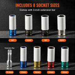 VEVOR Lug Nut Impact Socket Set, 1/2 inch Drive Metric and SAE 6-Point Deep Socket Set, 8 Total Lug Nut Sizes, CR-MO