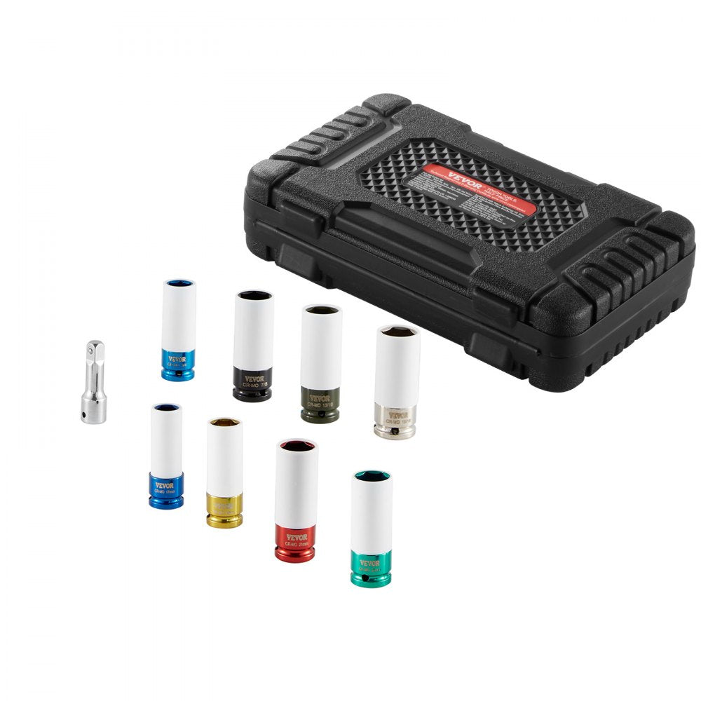 VEVOR Lug Nut Impact Socket Set, 1/2 inch Drive Metric and SAE 6-Point Deep Socket Set, 8 Total Lug Nut Sizes, CR-MO