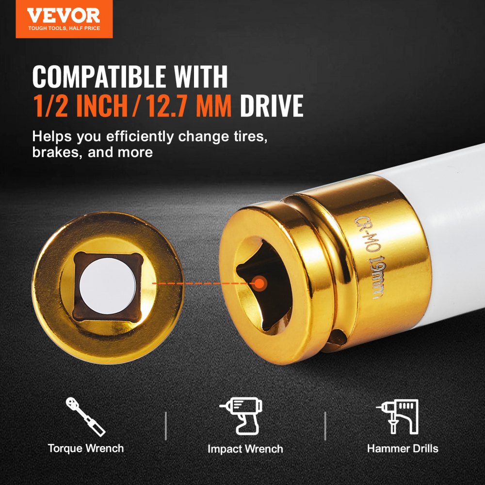 VEVOR Lug Nut Impact Socket Set, 1/2 inch Drive Metric 6-Point Deep Socket Set, 7 Total Lug Nut Sizes