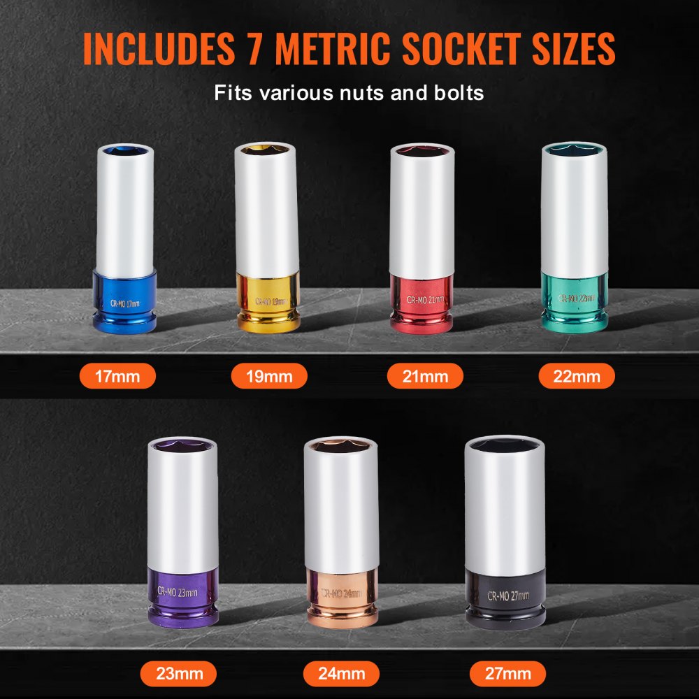 VEVOR Lug Nut Impact Socket Set, 1/2 inch Drive Metric 6-Point Deep Socket Set, 7 Total Lug Nut Sizes