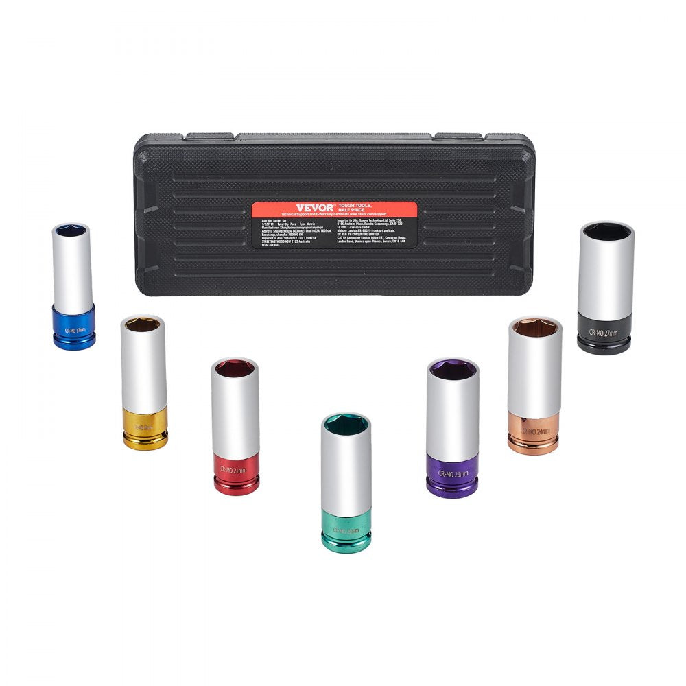 VEVOR Lug Nut Impact Socket Set, 1/2 inch Drive Metric 6-Point Deep Socket Set, 7 Total Lug Nut Sizes