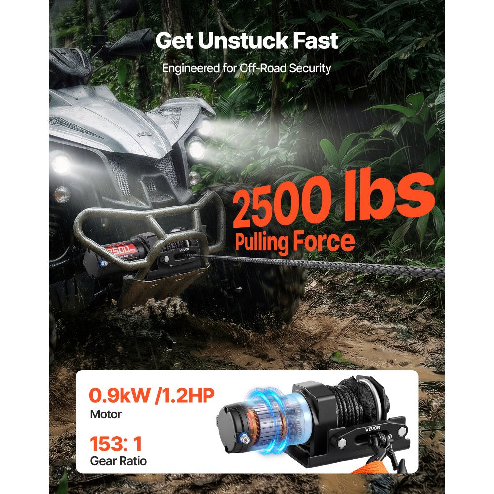 VEVOR 2500 lbs Electric Winch, 12V DC ATV/UTV Winch with Φ0.19 in x 39.4 ft Synthetic Rope & Wired Remote Control, IP55