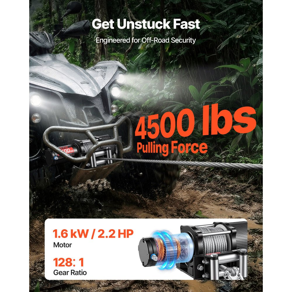 VEVOR 4500 lbs Electric Winch, 12V DC ATV/UTV Winch with Φ0.24 in x 39.4 ft Steel Wire Rope, Wireless & Wired Remote