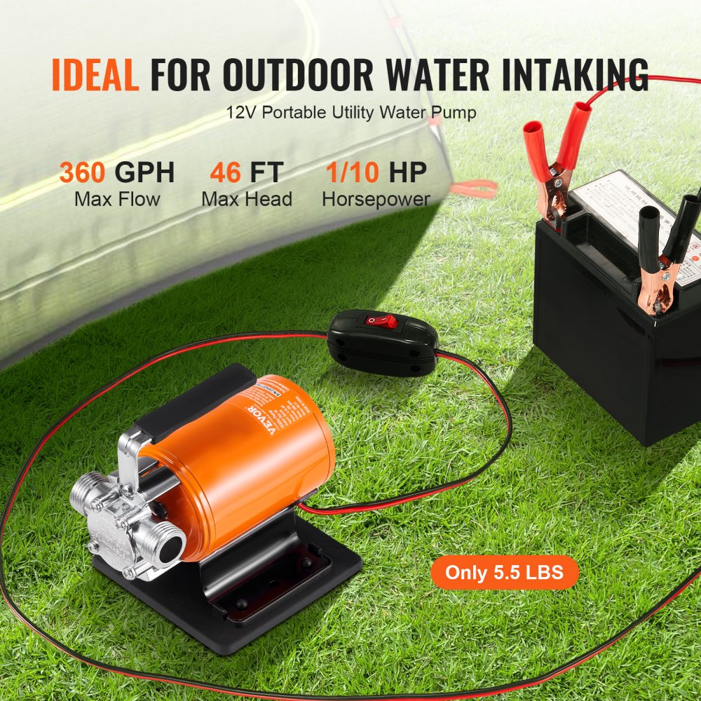 VEVOR Water Transfer Pump, 12V DC 360 GPH 1/10HP, Portable Electric Utility Pump with 6 ft Suction Hose Kit, Impeller