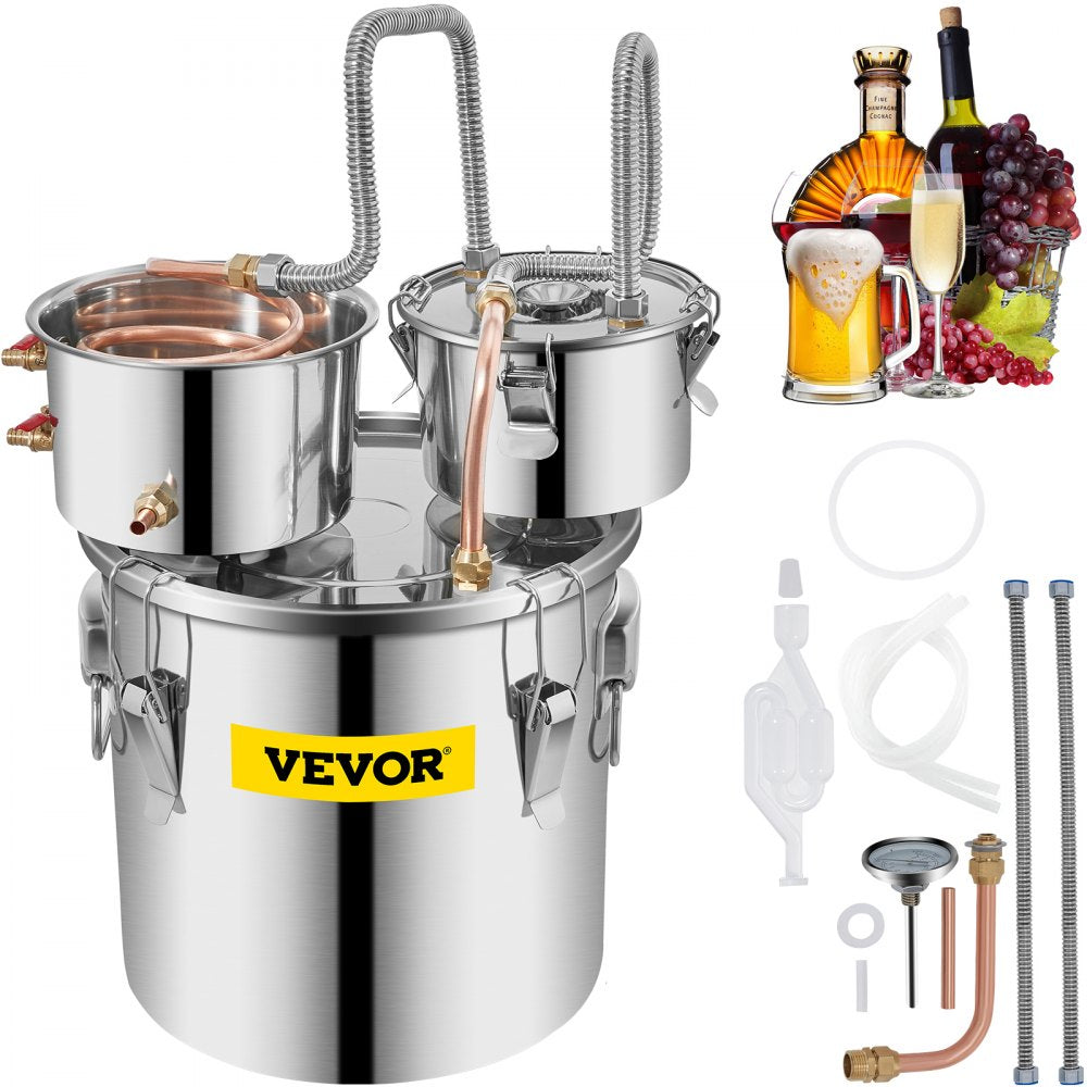 VEVOR Alcohol Still, 5 Gallon, Stainless Steel Alcohol Distiller with Copper Tube & Build-in Thermometer & Water Pump