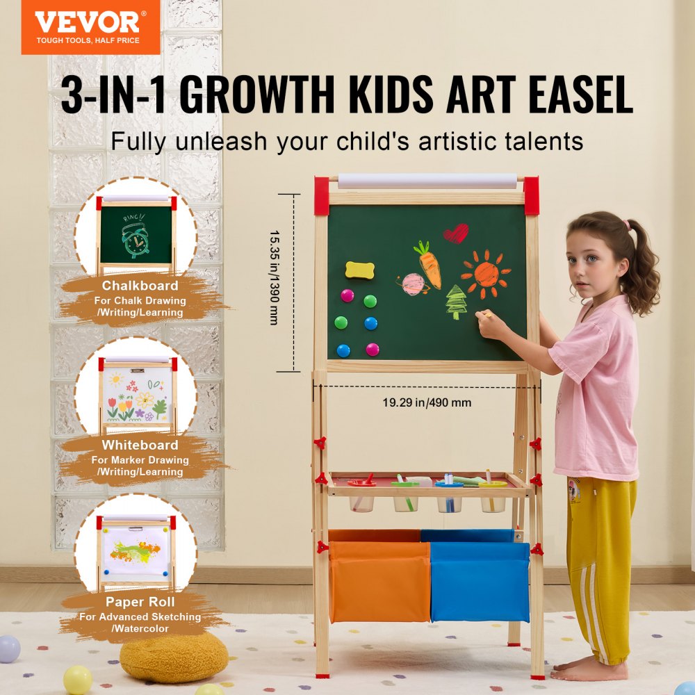VEVOR Art Easel for Kids, 3-in-1 Wooden Double-Sided Kid's Art Easel with Magnetic Whiteboard, Chalkboard, Paper Roll