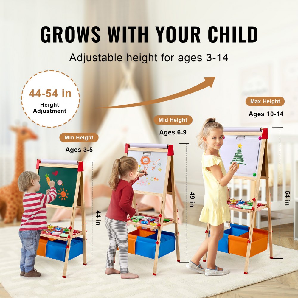 VEVOR Art Easel for Kids, 3-in-1 Wooden Double-Sided Kid's Art Easel with Magnetic Whiteboard, Chalkboard, Paper Roll