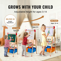 VEVOR Art Easel for Kids, 3-in-1 Wooden Double-Sided Kid's Art Easel with Magnetic Whiteboard, Chalkboard, Paper Roll