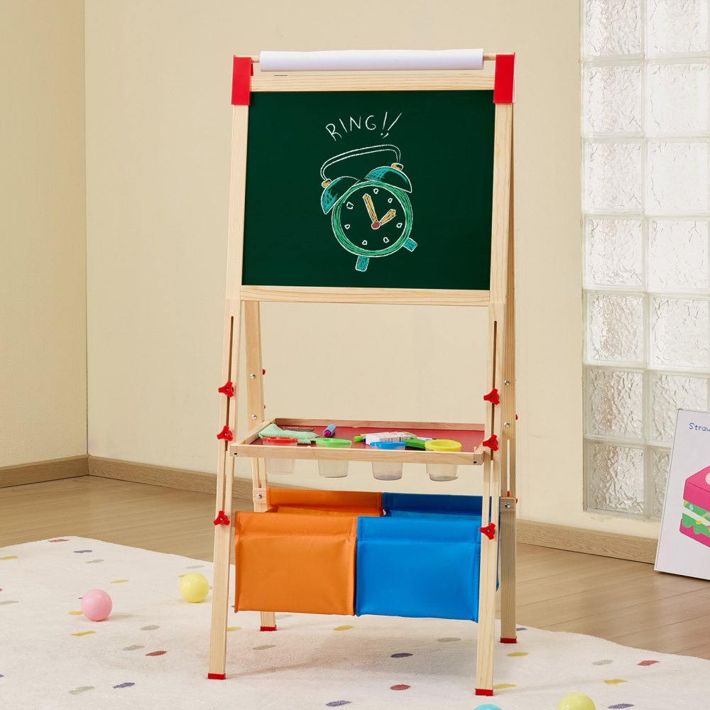 VEVOR Art Easel for Kids, 3-in-1 Wooden Double-Sided Kid's Art Easel with Magnetic Whiteboard, Chalkboard, Paper Roll