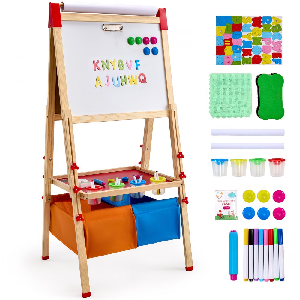 VEVOR Art Easel for Kids, 3-in-1 Wooden Double-Sided Kid's Art Easel with Magnetic Whiteboard, Chalkboard, Paper Roll