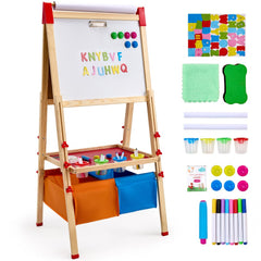 VEVOR Art Easel for Kids, 3-in-1 Wooden Double-Sided Kid's Art Easel with Magnetic Whiteboard, Chalkboard, Paper Roll