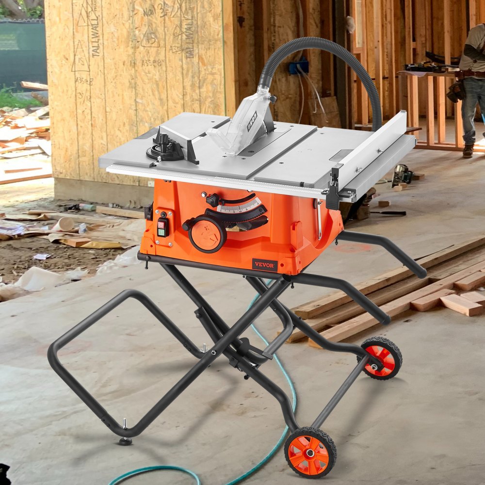 VEVOR Table Saw with Stand, 10-inch 15-Amp, Max Rip 25-in, Speed to 5000RPM, 40T Blade, Compact Portable Jobsite Saw
