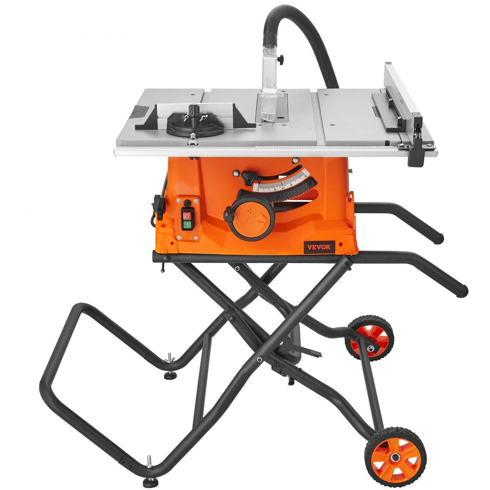 VEVOR Table Saw with Stand, 10-inch 15-Amp, Max Rip 25-in, Speed to 5000RPM, 40T Blade, Compact Portable Jobsite Saw